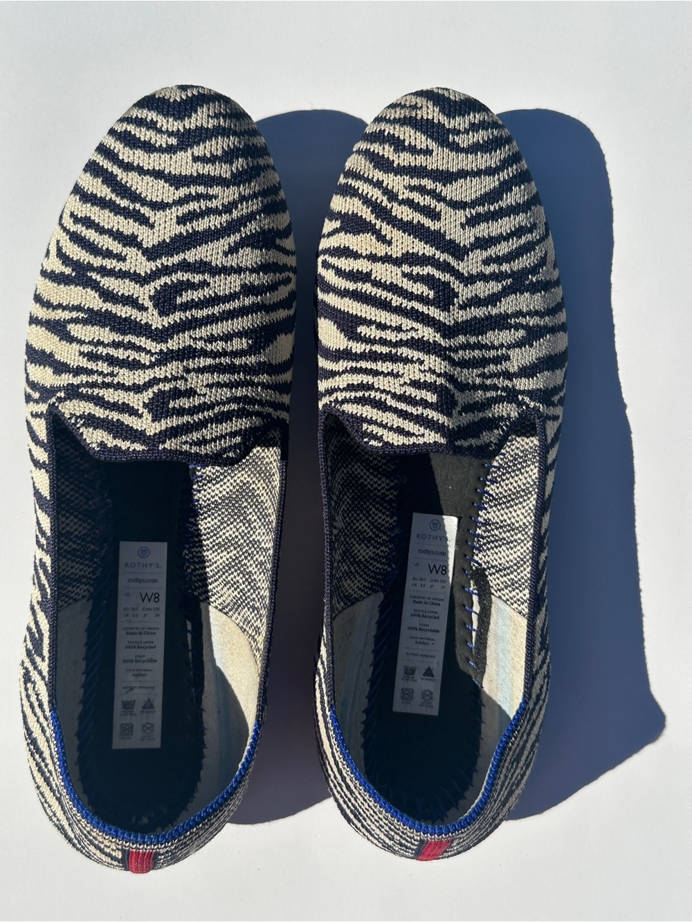Rothy's Brown Zebra with Blue Trim, Retired Print, sz 8 Flat Loafers